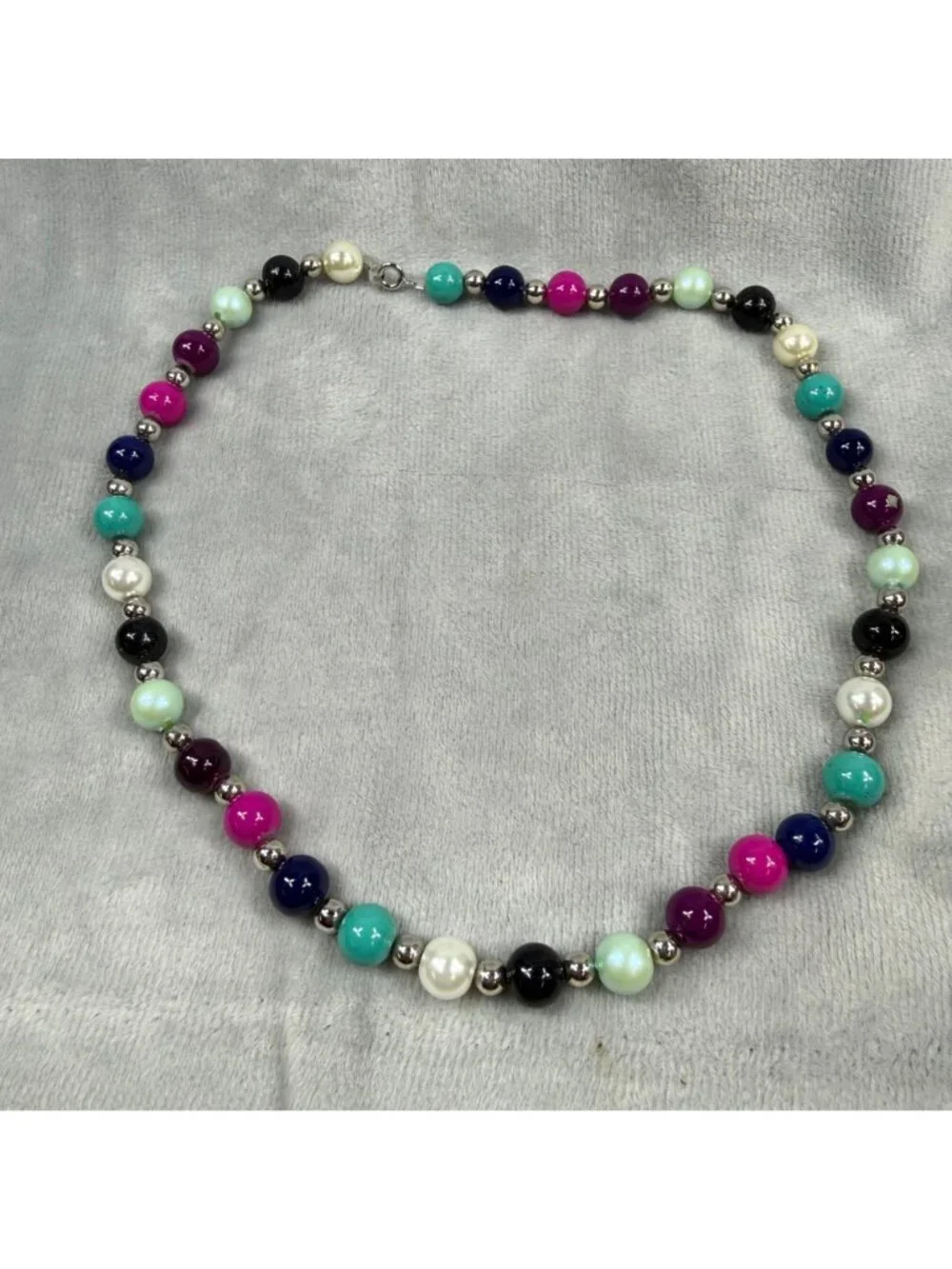 Multicolor Beaded Necklace Glossy Finish & Silver Accents 20 Inches Spring Clasp